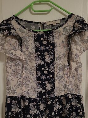 LOFT Floral Mixed-Panel Dress in Navy and Cream Top
